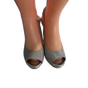 Silver Glitter Peep Toe Slingback Stiletto Heels 9M Fabric Upper Bonded Leather
